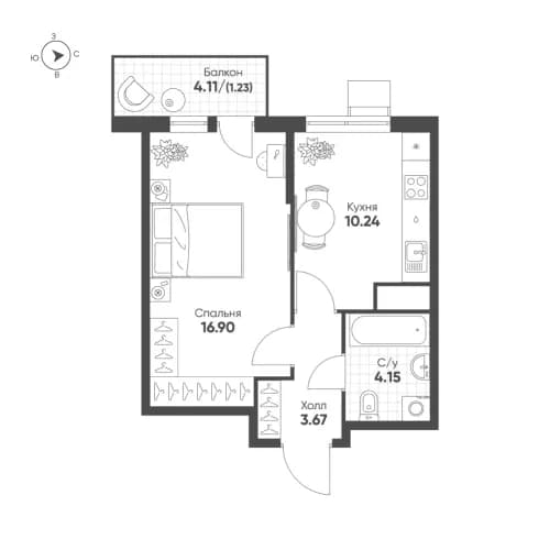1-комнатная, 36.2 м²