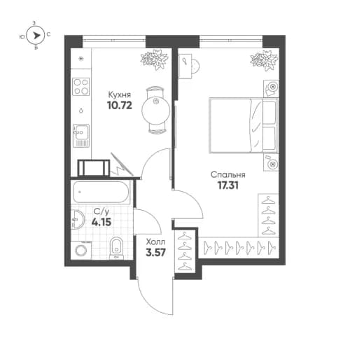 1-комнатная, 35.8 м²