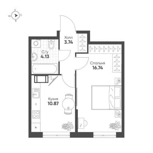 1-комнатная, 35.5 м²