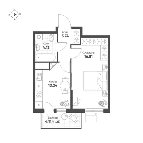 1-комнатная, 36.3 м²