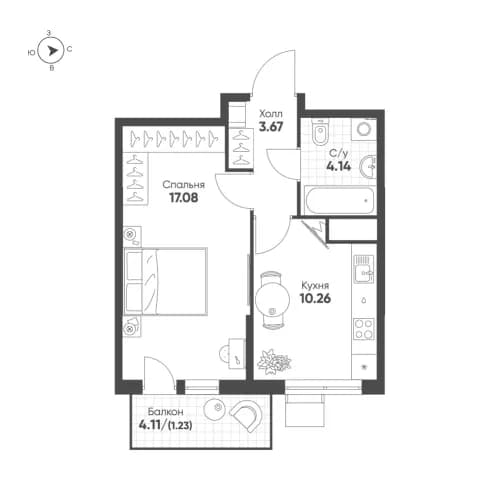 1-комнатная, 36.5 м²