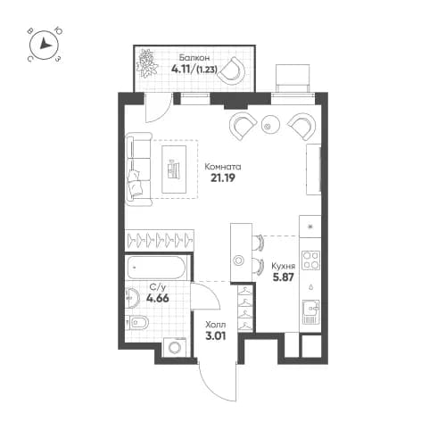 1-комнатная, 36 м²
