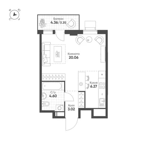 1-комнатная, 35.3 м²