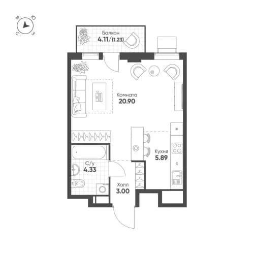 1-комнатная, 35.4 м²