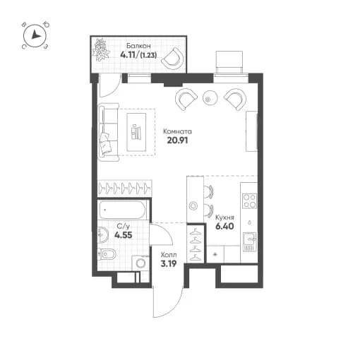 1-комнатная, 36.3 м²