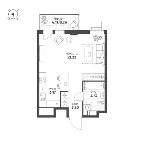 1-комнатная, 36.4 м²