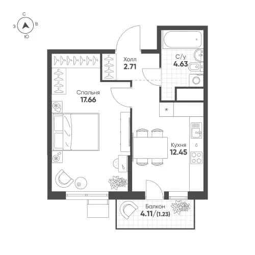 1-комнатная, 38.7 м²