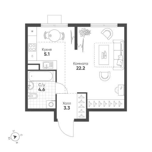 Студия, 35.2 м²