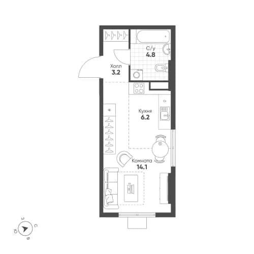 Студия, 28.3 м²