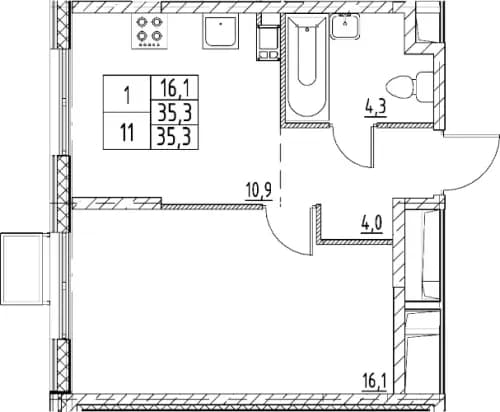 1-комнатная, 35.3 м²