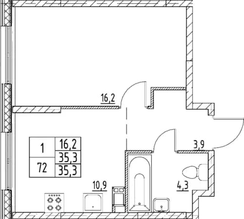 1-комнатная, 35.3 м²