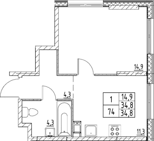 1-комнатная, 34.8 м²