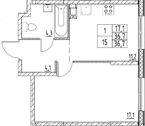 1-комнатная, 36.7 м²