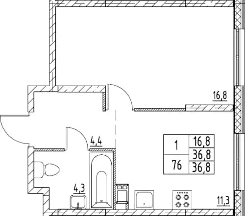 1-комнатная, 36.8 м²