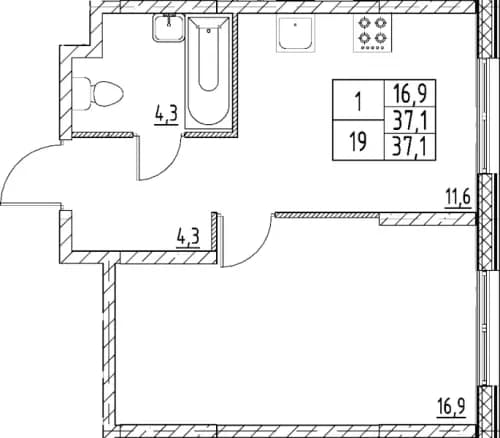 1-комнатная, 37.1 м²