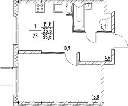 1-комнатная, 35.6 м²
