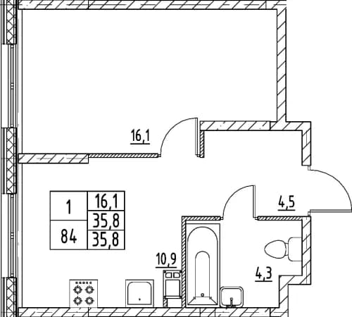 1-комнатная, 35.8 м²