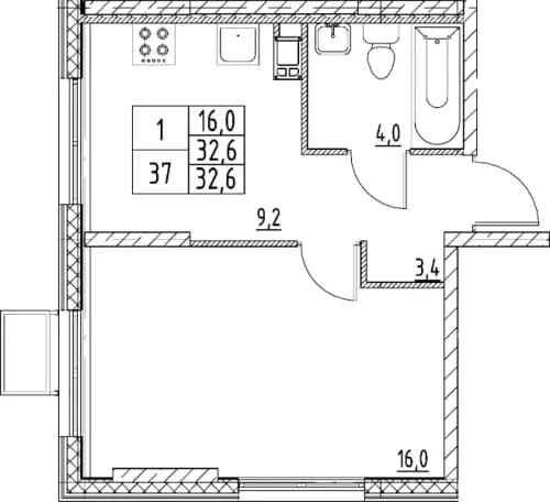 1-комнатная, 32.6 м²