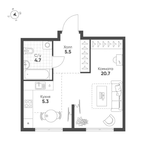 1-комнатная, 36.2 м²