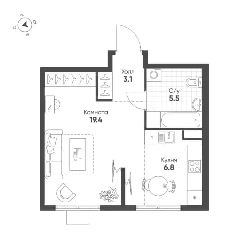 1-комнатная, 34.8 м²