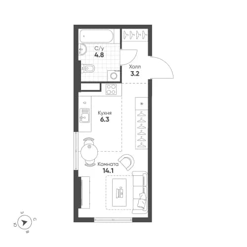 Студия, 28.4 м²