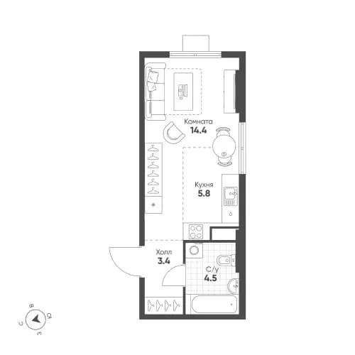 Студия, 28.1 м²