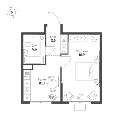 1-комнатная, 35.6 м²
