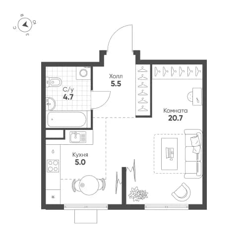 1-комнатная, 35.9 м²