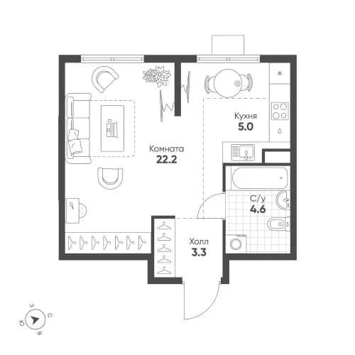 1-комнатная, 35.1 м²
