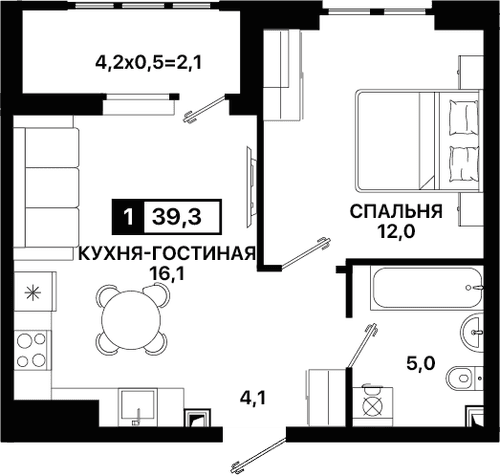 1-комнатная, 39.3 м²