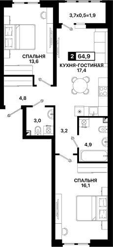 2-комнатная, 64.90 м²
