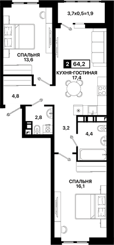 2-комнатная, 64.20 м²