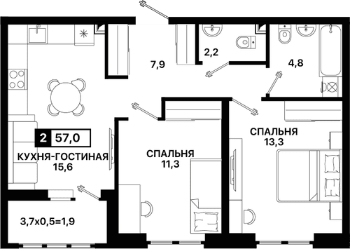 2-комнатная, 57.00 м²