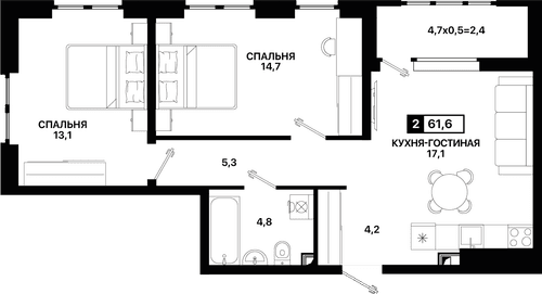 2-комнатная, 61.60 м²