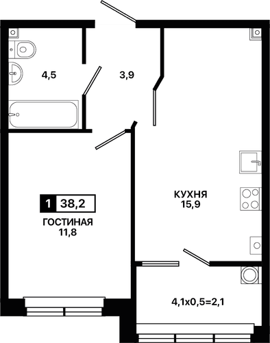 1-комнатная, 38.20 м²