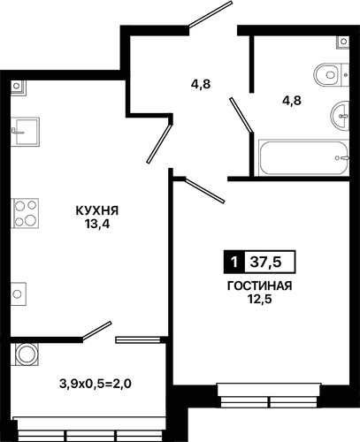 1-комнатная, 37.50 м²