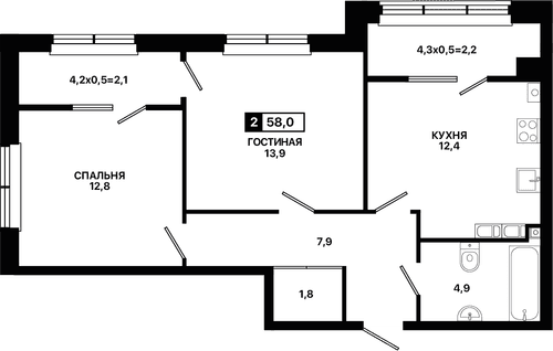 2-комнатная, 58.00 м²