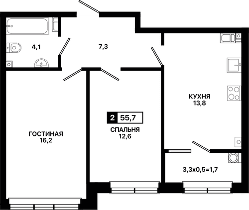 2-комнатная, 55.70 м²