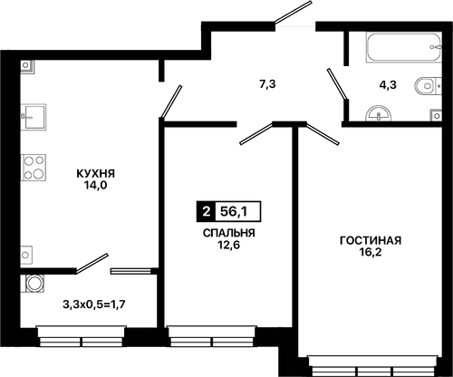 2-комнатная, 56.10 м²