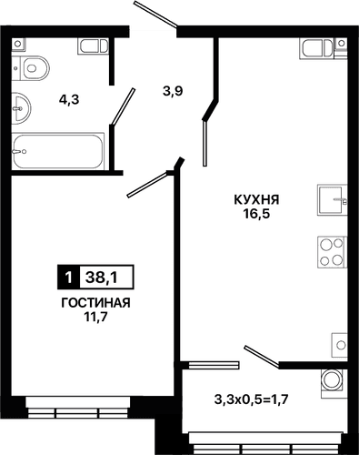 1-комнатная, 38.10 м²