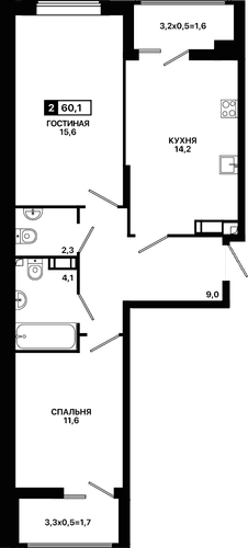 2-комнатная, 60.10 м²